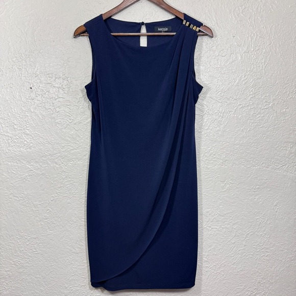 Kensie Dress 4 Navy Gold Draped Jersey Preppy Boho Cocktail Wedding Guest Resort - Picture 1 of 12